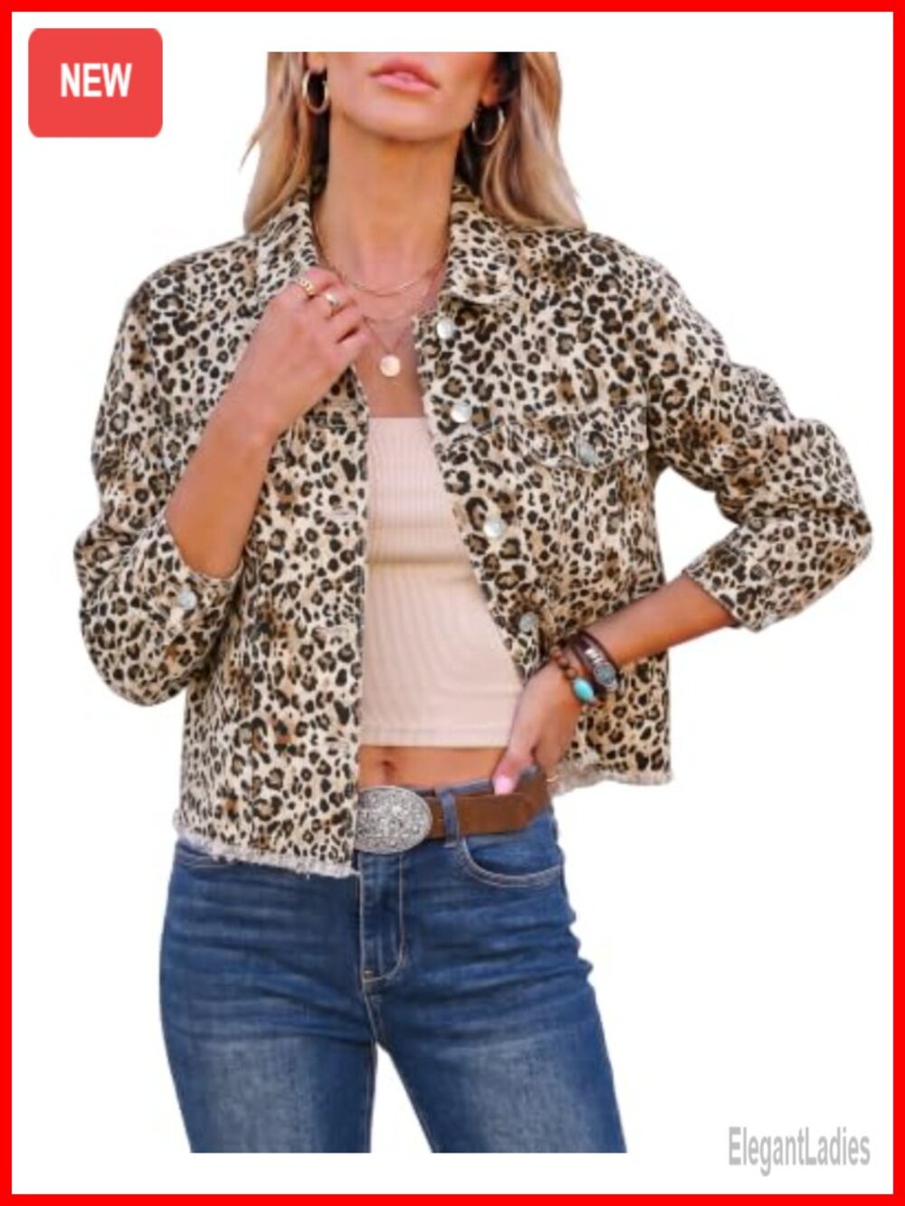 Stretchy Frayed Hem Leopard Print Denim Jacket Women's Casual